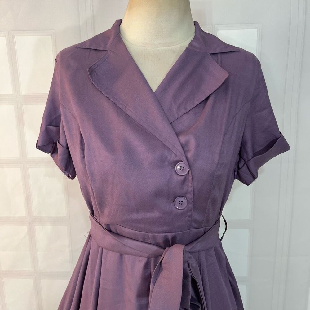 Venus Purple Collared Retro Vibe Tie Waist Short Sleeve Shirt Dress Size 8 - Picture 2 of 10